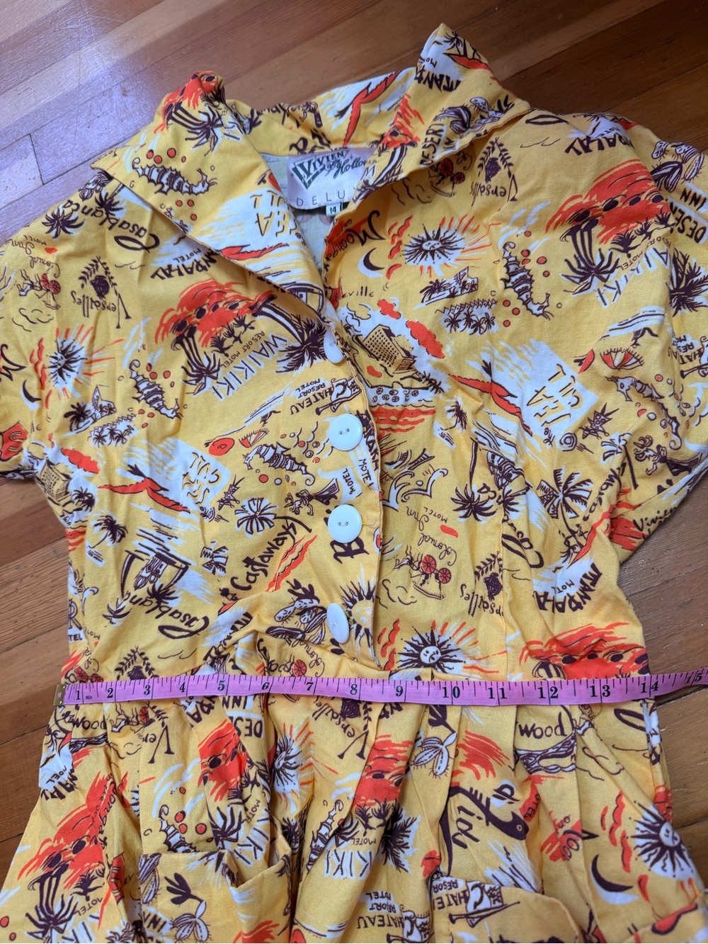 Vivien of Holloway Rockabilly pinup tiki Yellow Printed Shirt Dress with Buttons - Picture 5 of 7